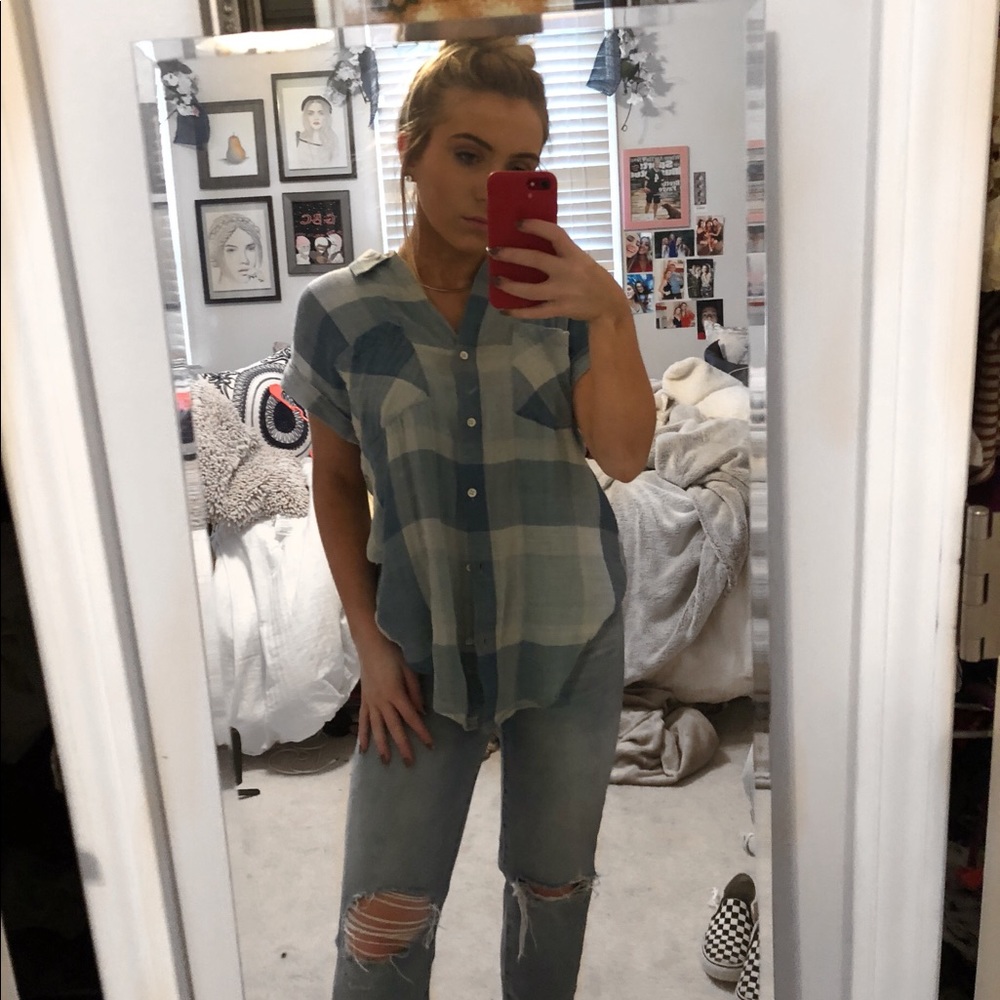 Plaid denim button up